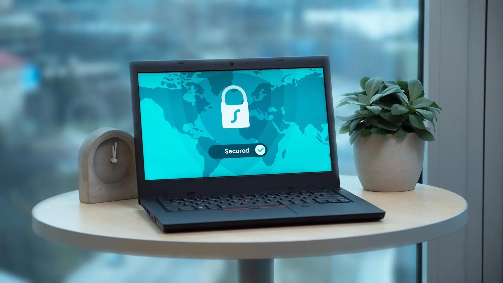 Laptop screen showing a secured, encrypted global network